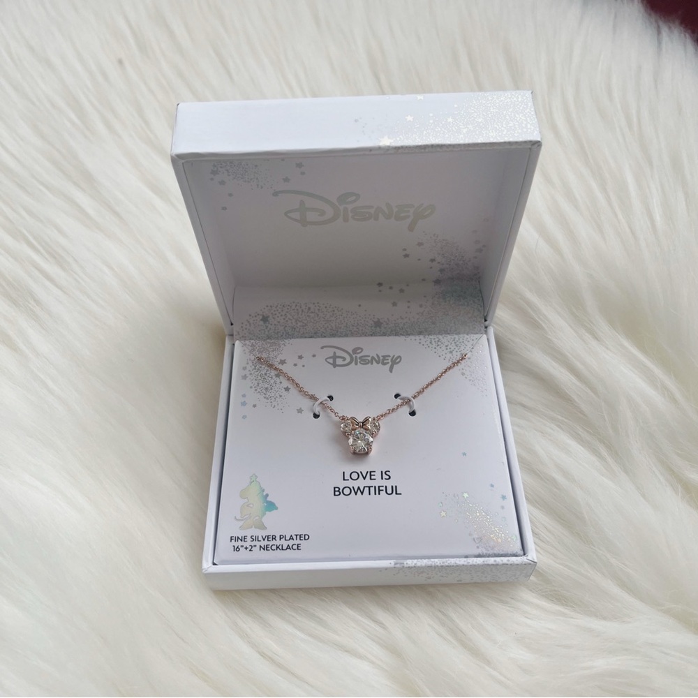New in Box Disney Minnie Mouse Bowtiful Rose Gold Necklace Fine Silver Plated